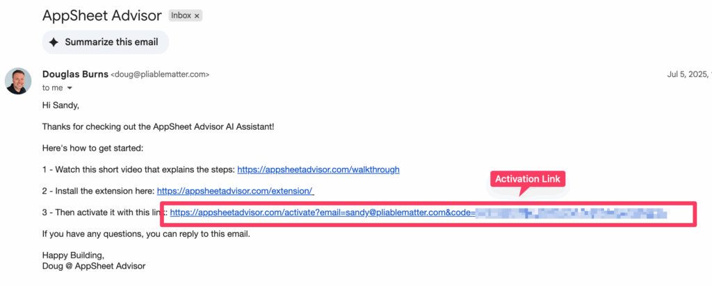 Activation link in the welcome email