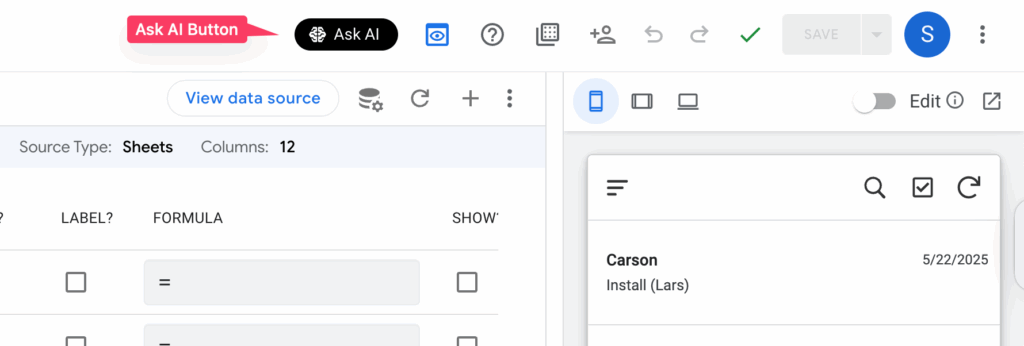 Ask AI button in the AppSheet toolbar
