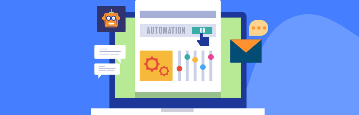 Illustration of a laptop. with the word "Automation" on the screen, and icons of an email and a robot, and some sliders for controlling settings.