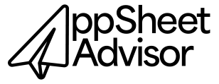 On the left is an icon of a paper airplane. In the right are the words "AppSheet Advisor" with both "A"s formed by the airplane.