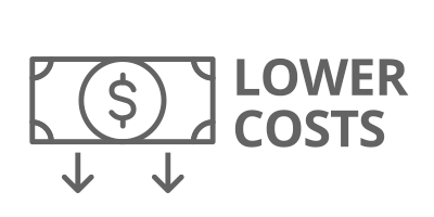 On the left there's a dollar bill icon with arrows pointing down below it. On the right are the words "Lower Costs"