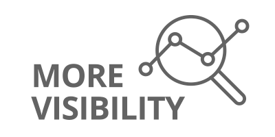 The words "More Visibility" followed by an icon of a magnifying glass focusing on an upward trend graph line.