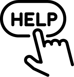 Icon of a hand clicking on a speech bubble containing the word ‘HELP’