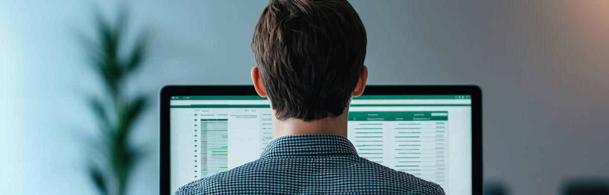 Person in checkered shirt working on a computer with data on the screen, viewed from behind.