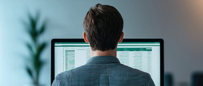 Person in checkered shirt working on a computer with data on the screen, viewed from behind.