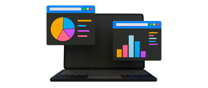 Laptop with two floating screens showing colorful pie and bar charts.