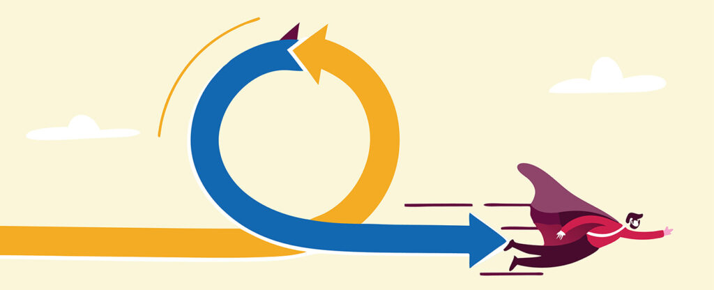 Superhero figure flying alongside looping arrows, symbolizing agile progress.
