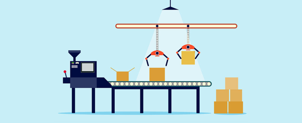 Conveyor belt with robotic arms placing boxes, under a light blue background.