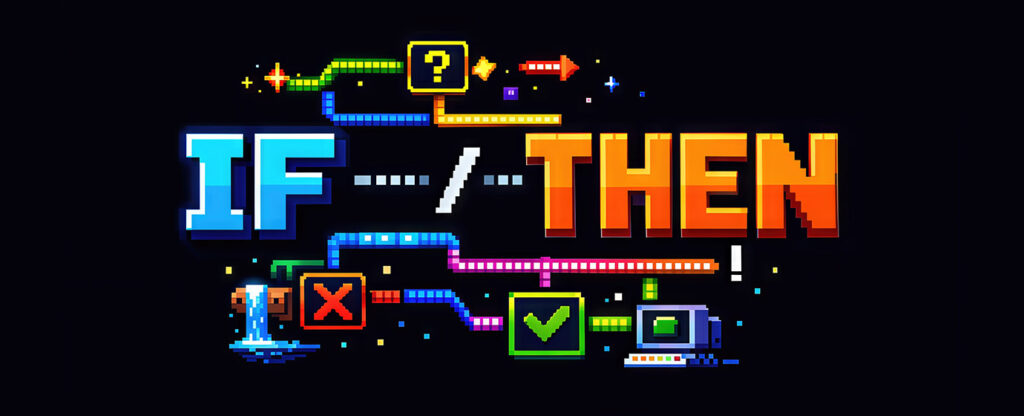 Colorful pixel art of "IF / THEN" with flowchart elements, including arrows, checkmark, and cross.