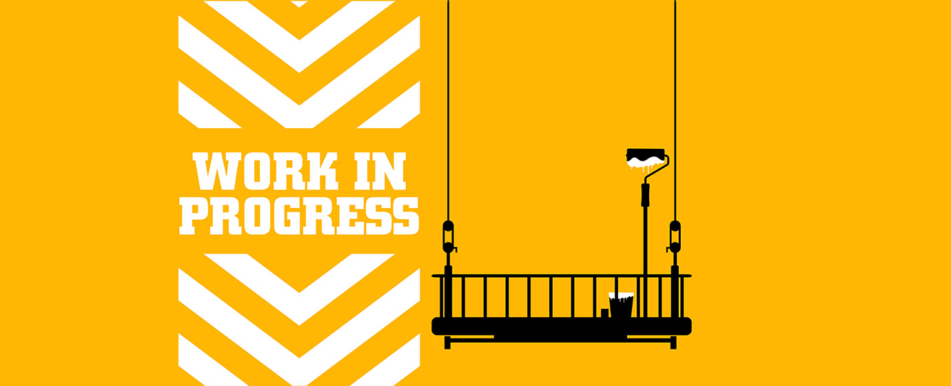 "Work in Progress" text with a suspended scaffold and paint roller on a yellow background.