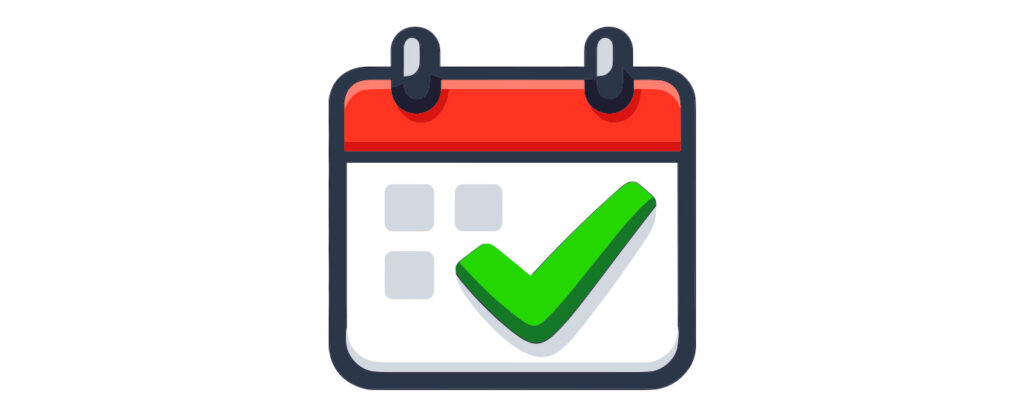 Calendar icon with a red top and a large green check mark.
